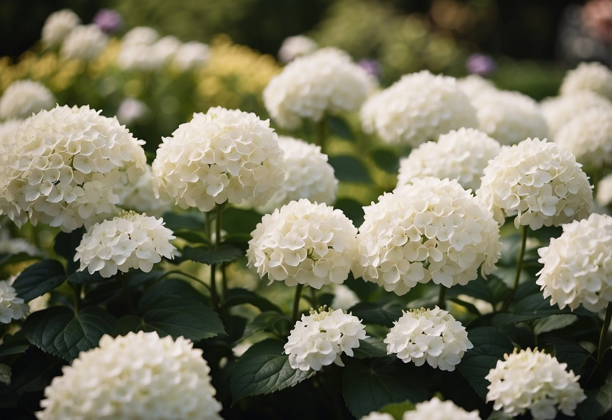 A garden scene with white hydrangeas surrounded by blooming spring bulbs