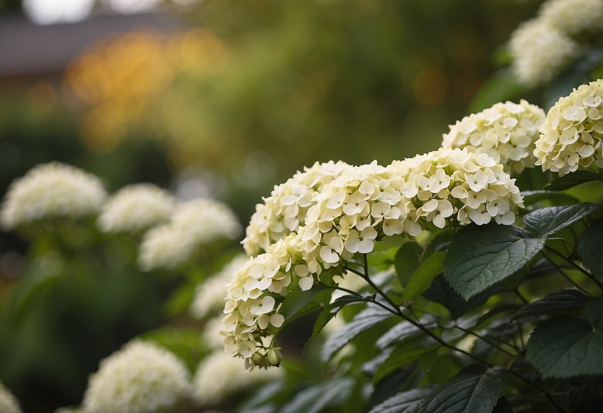 Lush white hydrangea bushes against a backdrop of changing seasons. Bright green leaves give way to vibrant blooms, then fade to autumn hues