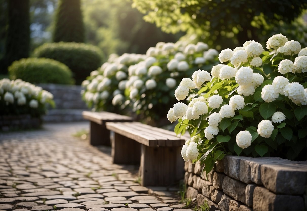 A lush garden filled with white hydrangea bushes, surrounded by a winding stone path and accented with a rustic wooden bench