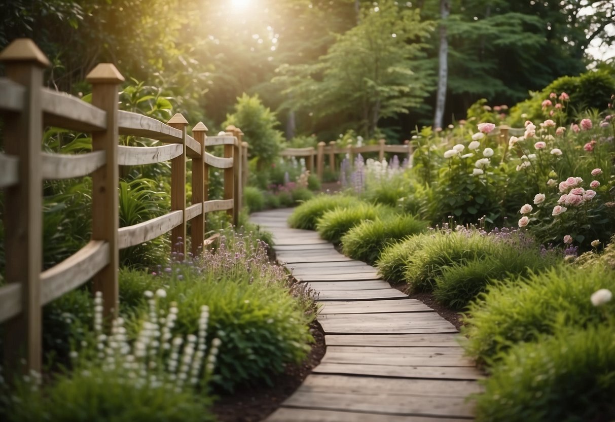 A serene garden with lush greenery, blooming flowers, and a winding path. A wooden fence surrounds the garden, adorned with intricate nature-inspired murals