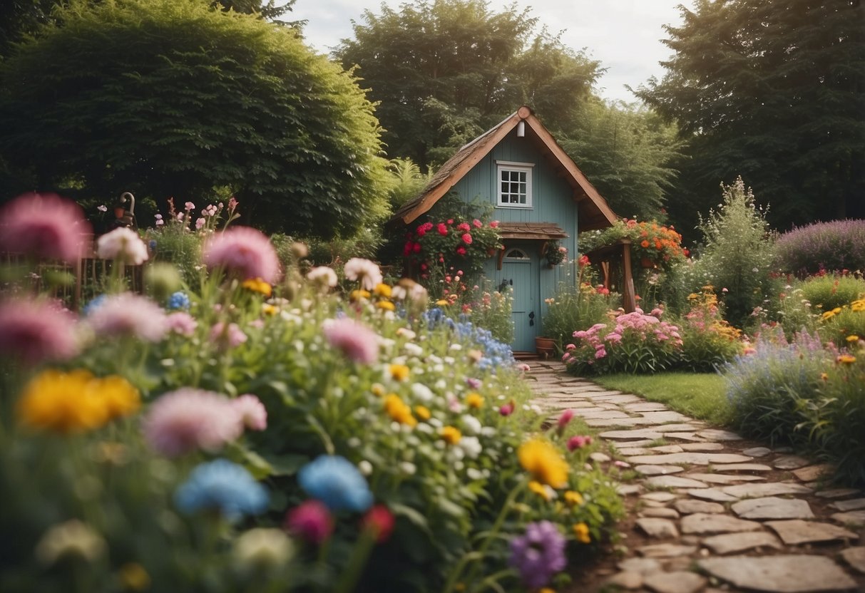 A cozy cottage garden with colorful flowers, winding paths, a rustic fence, and a quaint birdhouse