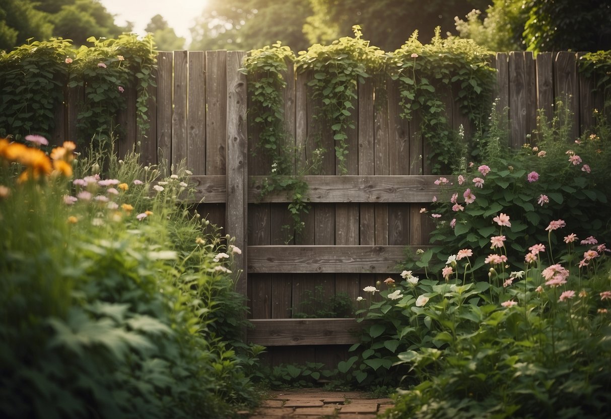 Lush garden with overgrown vines and flowers cascading over a weathered wooden fence, surrounded by vintage botanical illustrations