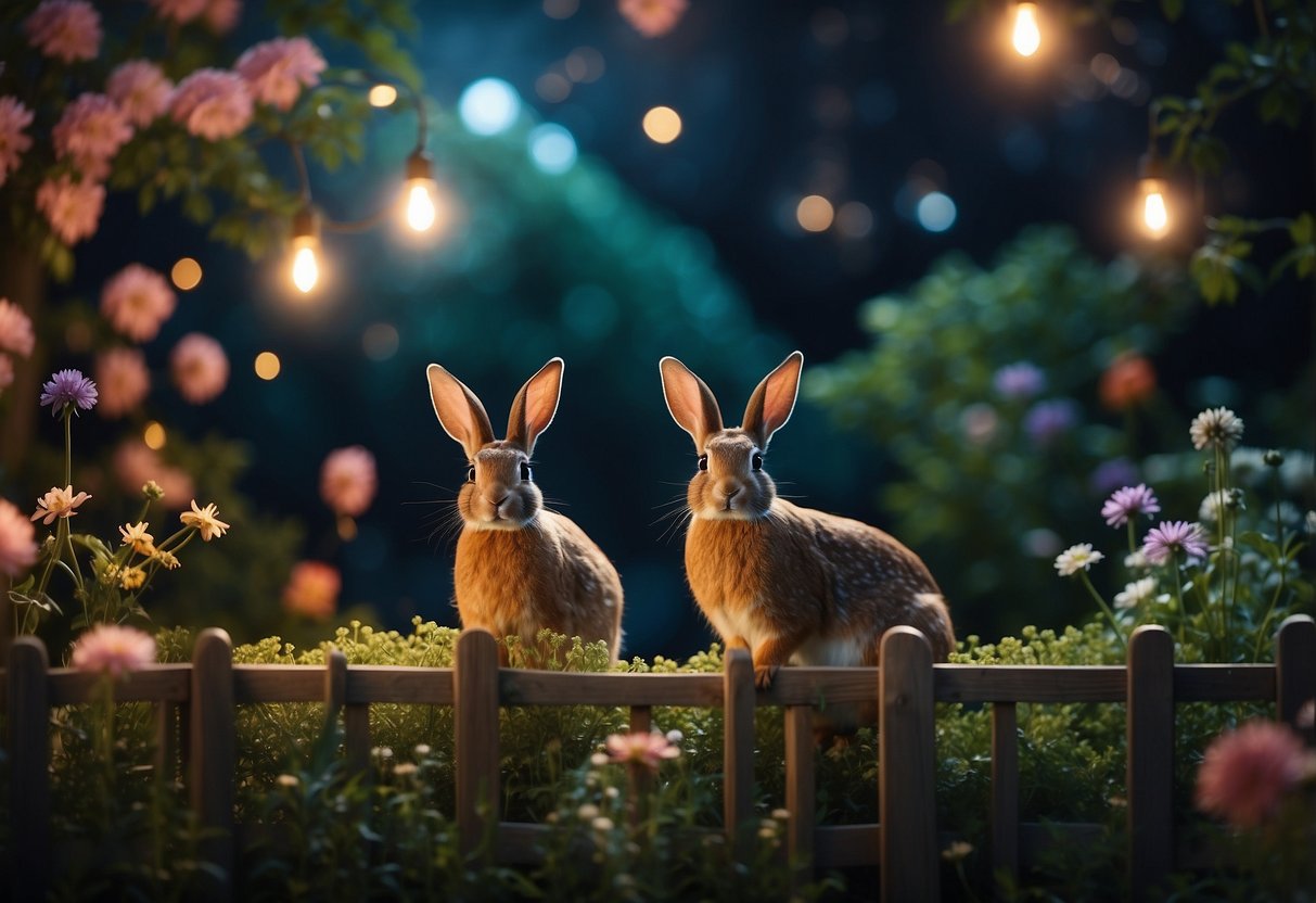 A rabbit, deer, and owl gather by a whimsical garden fence. Flowers bloom in vibrant colors, and fireflies dance in the soft glow of the moonlight