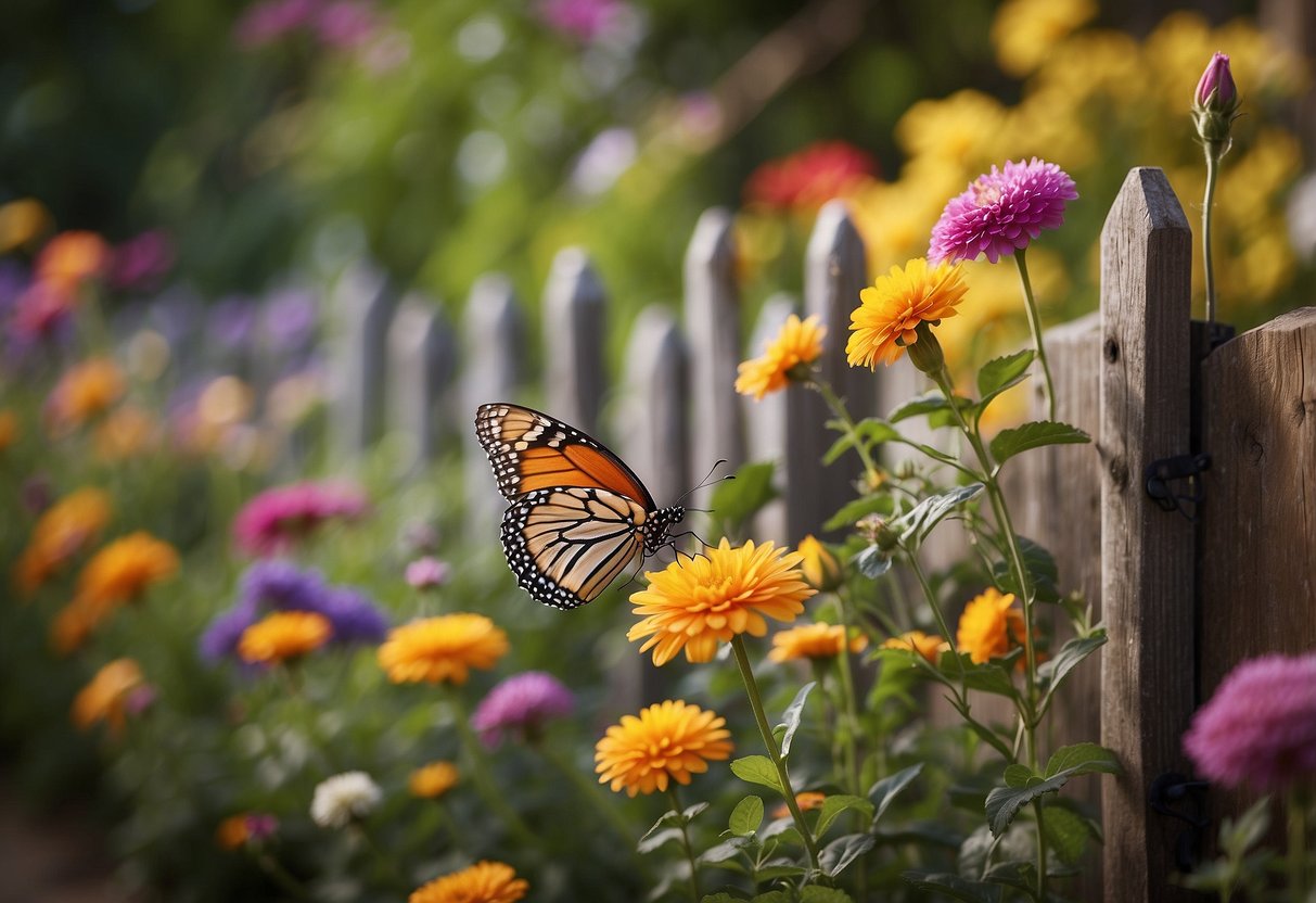 A colorful garden fence mural with vibrant flowers and uplifting quotes. Butterflies flutter around, adding a touch of whimsy to the scene