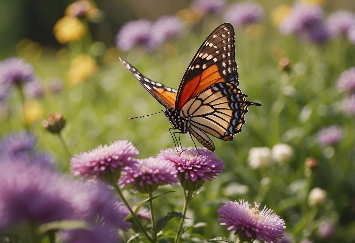 Colorful birds and butterflies flutter around blooming flowers on a garden fence