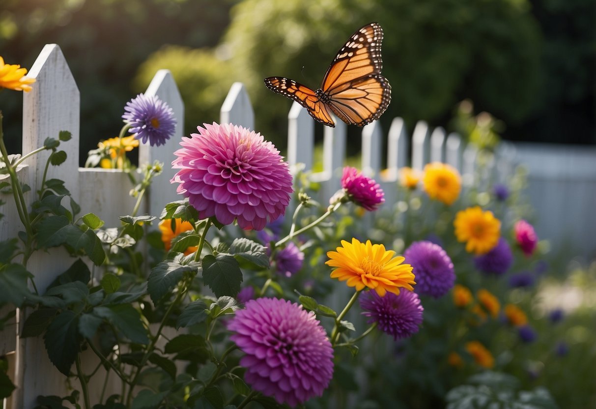 A garden fence with colorful flowers, vines, and butterflies. A palette of paint, brushes, and a ladder lay nearby