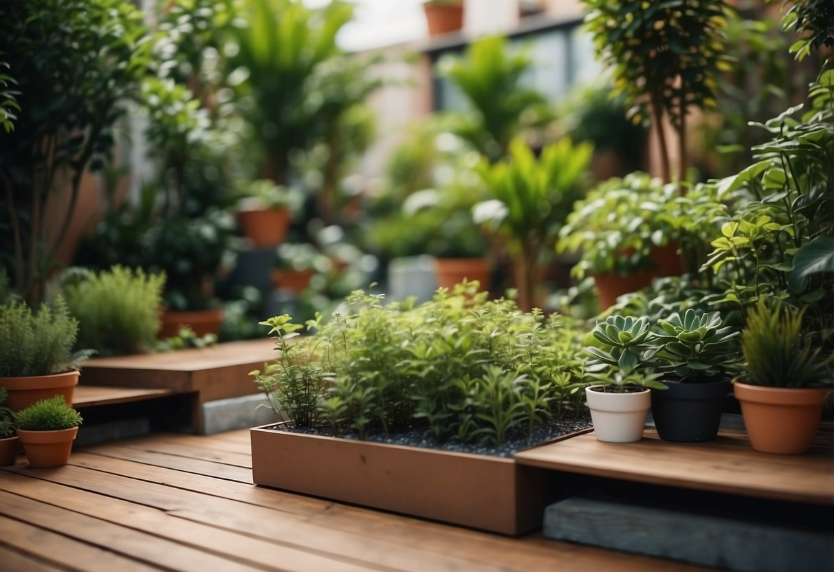 A small, narrow garden with modular deck tiles, surrounded by lush greenery and potted plants