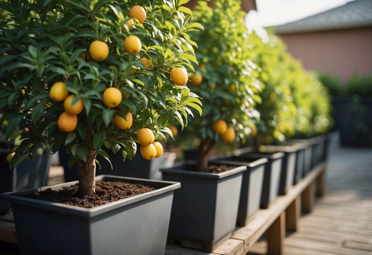 Lush fruit trees in containers fill a small, narrow garden. Ideas for maximizing space with vertical gardening