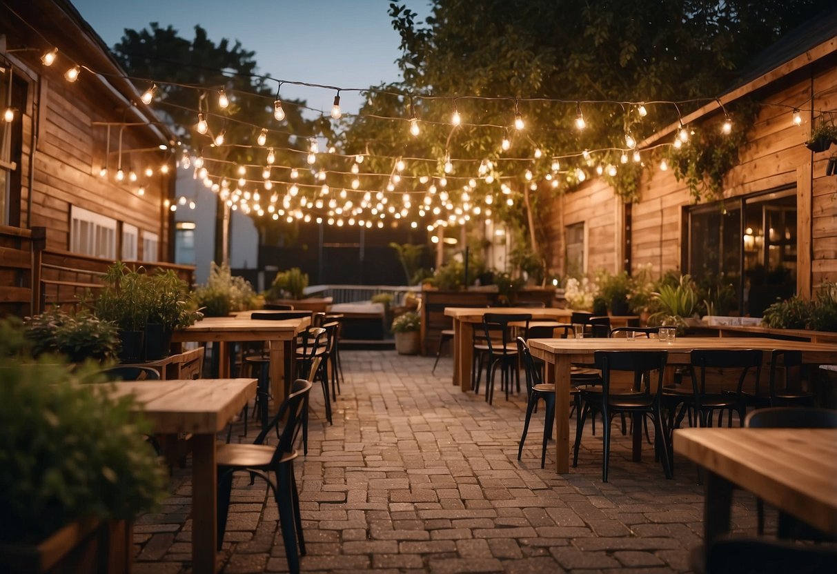 A cozy beer garden with string lights hanging overhead, creating a warm and inviting atmosphere. Tables and chairs are scattered around, with potted plants adding a touch of greenery