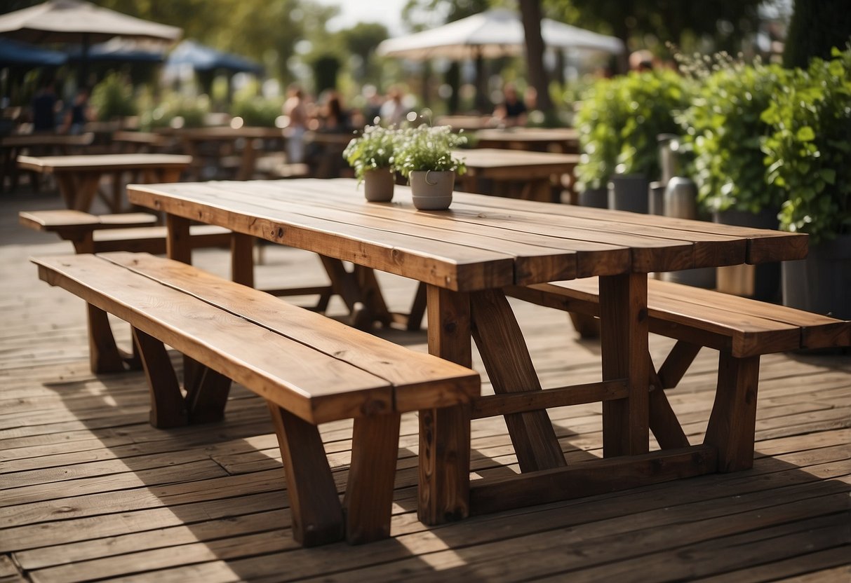 Rustic wooden tables arranged in a beer garden setting