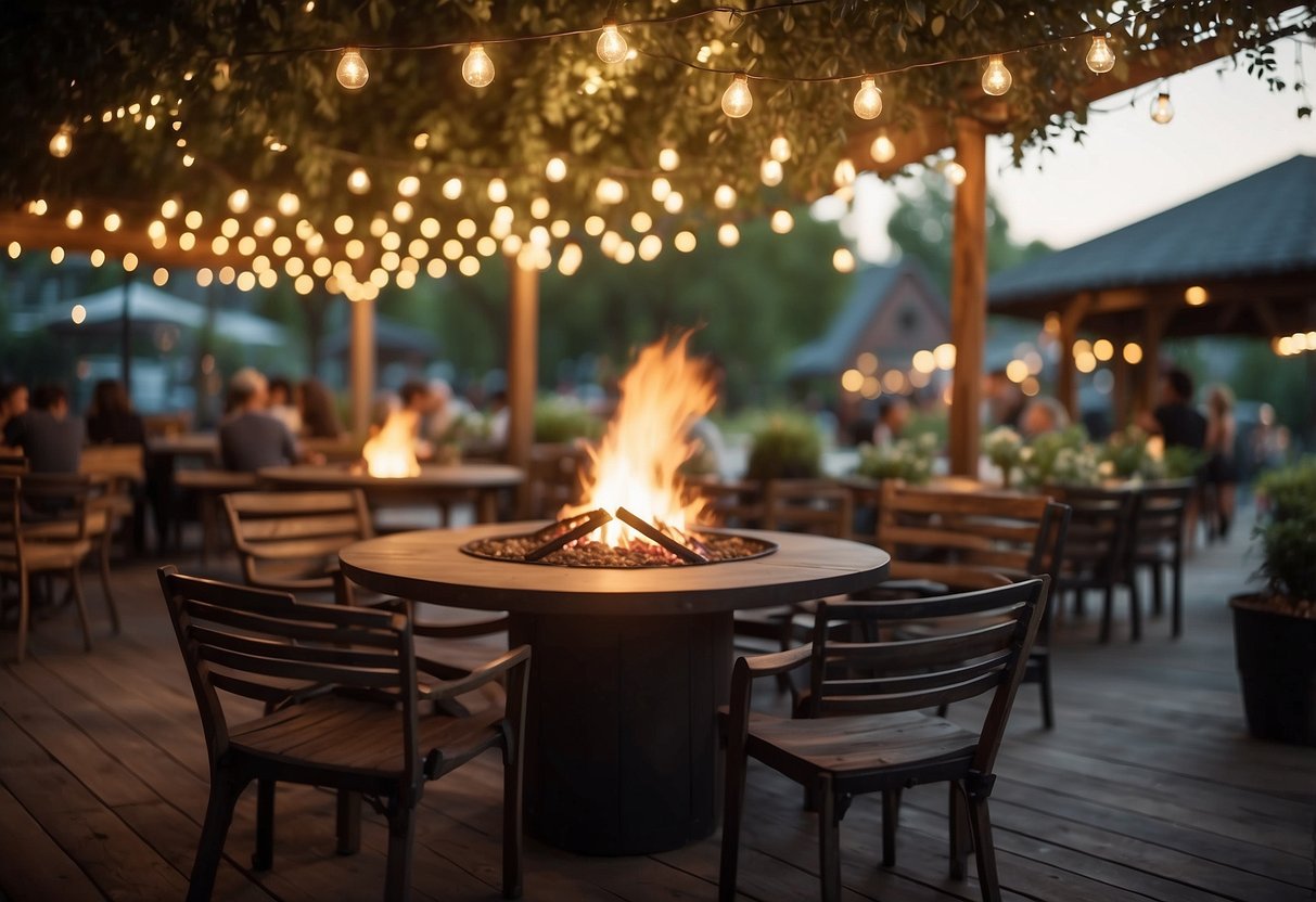 A cozy beer garden with fire pits, surrounded by rustic wooden tables and chairs, illuminated by warm string lights