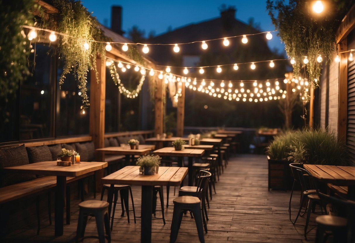 A cozy beer garden with outdoor heaters, wooden tables, and string lights creating a warm and inviting atmosphere