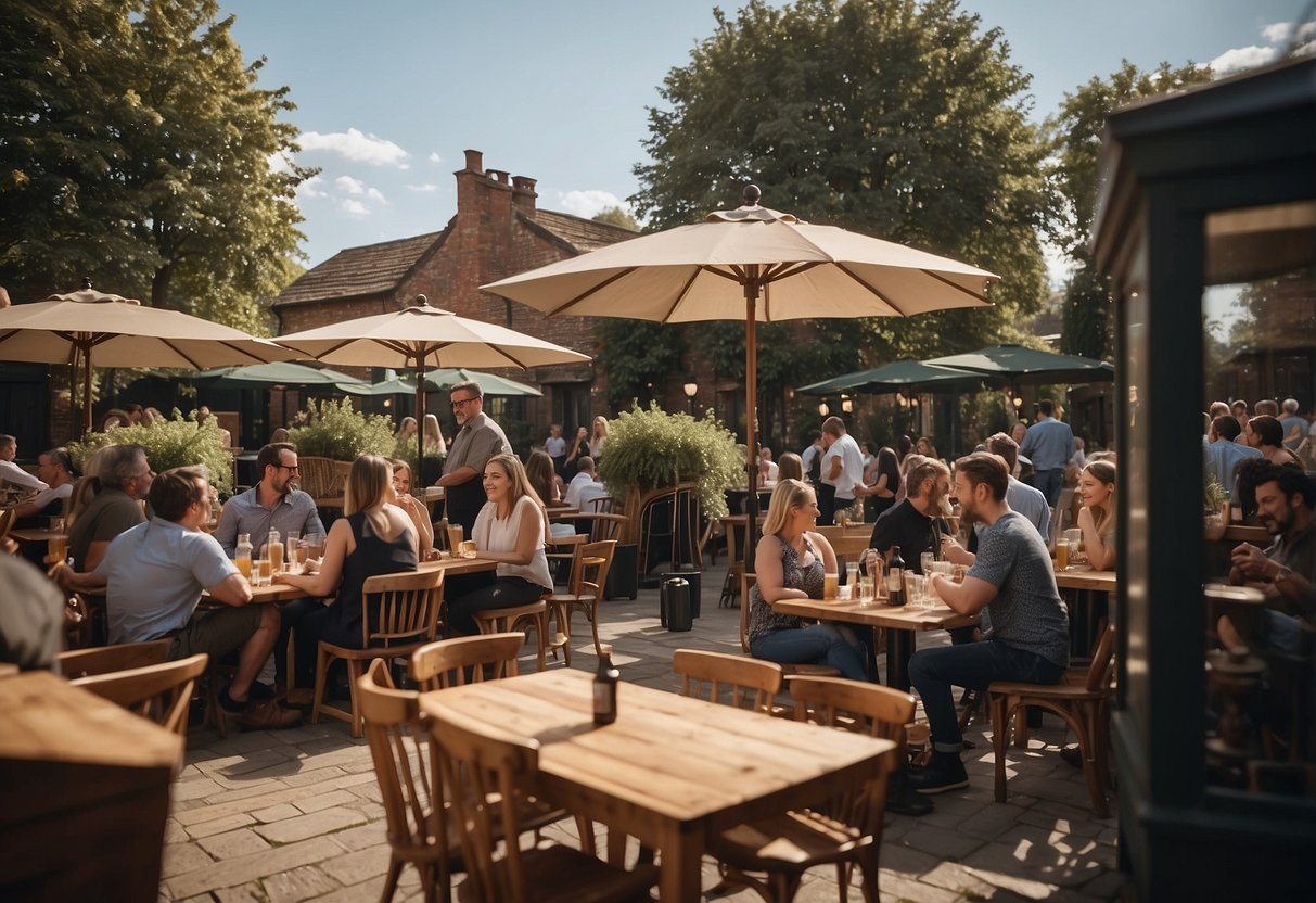 A lively pub beer garden with outdoor speakers, surrounded by wooden tables and umbrellas, with people enjoying drinks and conversation