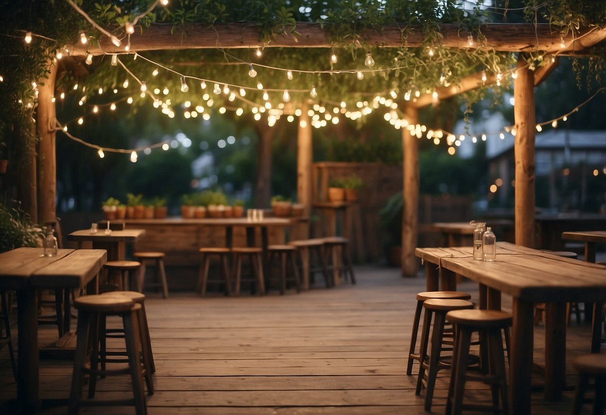 A cozy beer garden with string lights, wooden tables, and lush greenery. A rustic bar serves a variety of craft beers