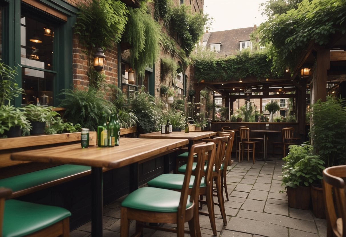 Lush green plants surround wooden tables and chairs in a cozy pub beer garden, creating a tranquil and inviting atmosphere