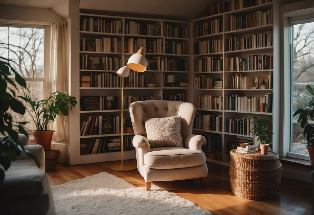 A cozy reading corner with an armchair, surrounded by bookshelves, a soft rug, and a warm lamp, nestled in a garden room interior