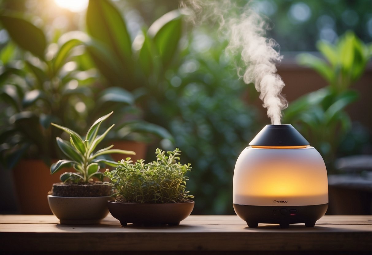 Aromatherapy diffuser emits mist, surrounded by potted plants, soft lighting, and cozy seating in a garden-themed room