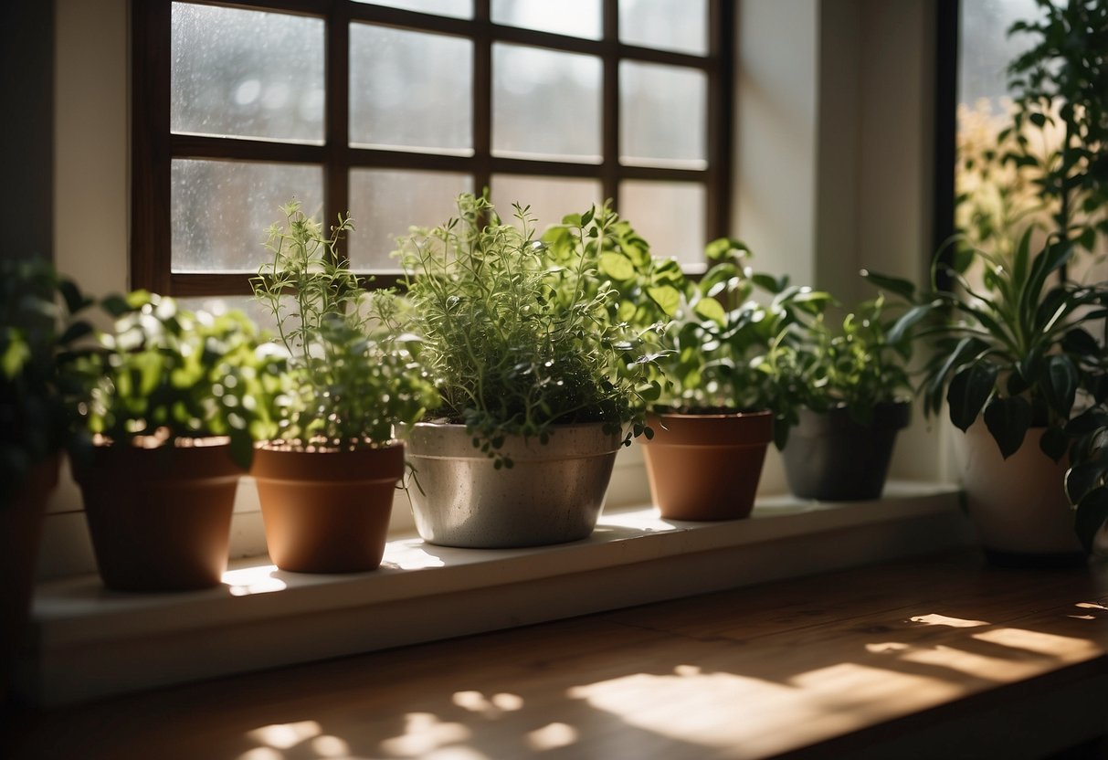 An indoor herb garden sits on a sunlit windowsill, surrounded by hanging plants and cozy seating, creating a tranquil garden room interior