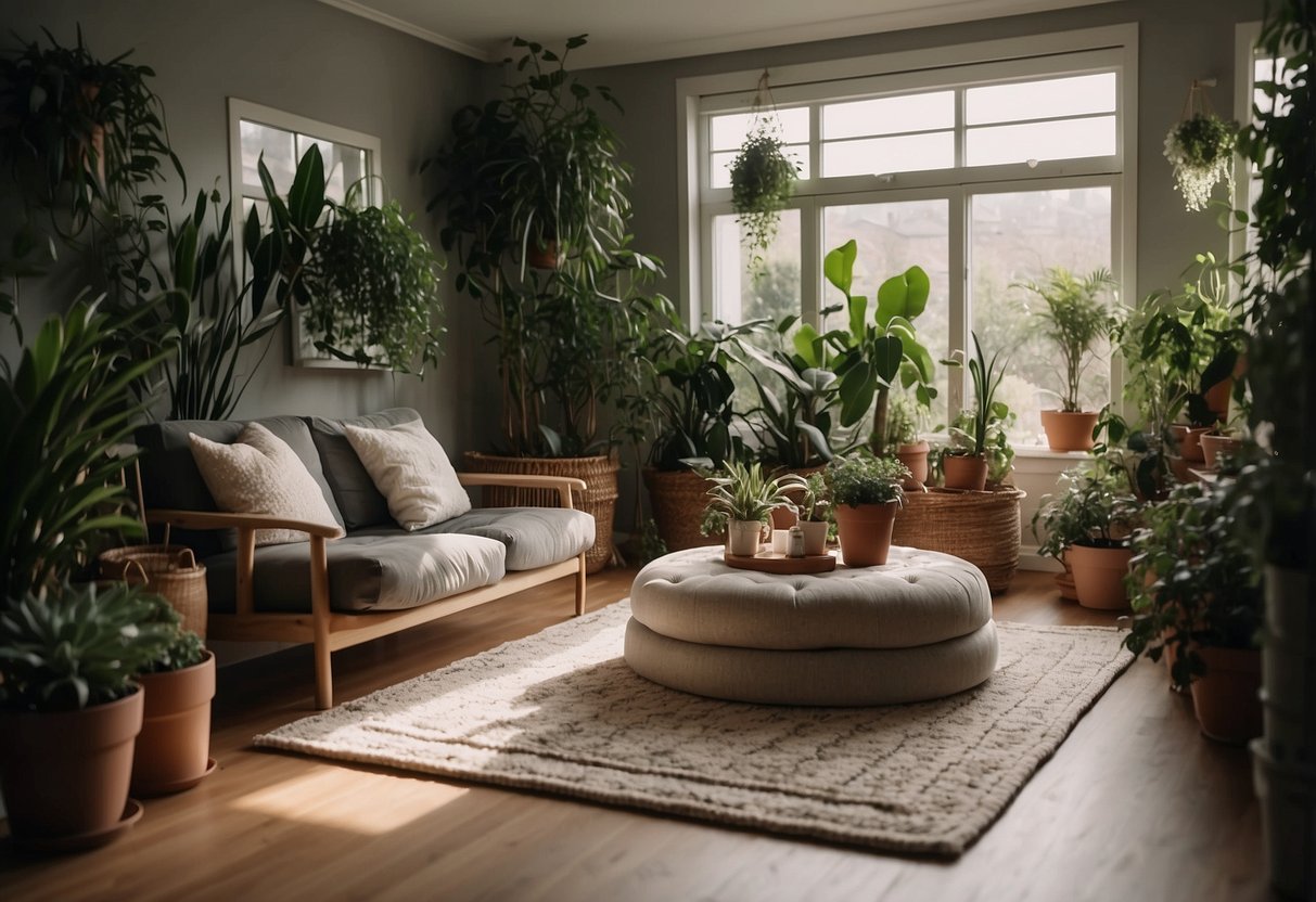 A cozy garden room with a plush area rug, surrounded by potted plants and soft lighting