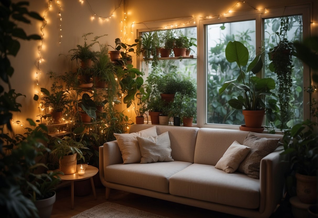 Soft fairy lights twinkle in a cozy garden room, casting a warm and inviting glow over the interior. The lights are delicately draped around plants and furniture, creating a magical and enchanting ambiance