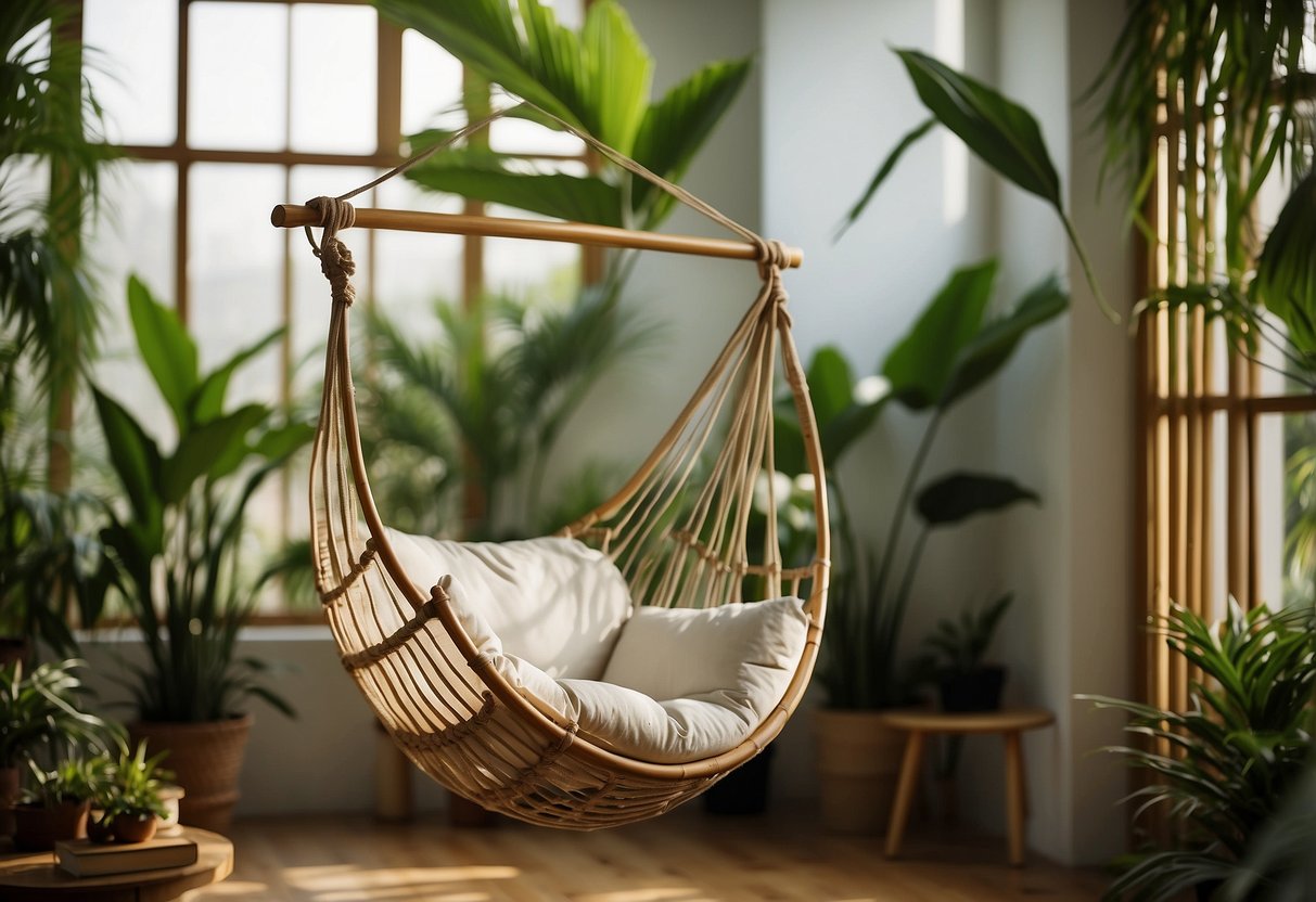 A cozy bamboo hammock chair hangs in a lush garden room, surrounded by plants and bathed in natural light