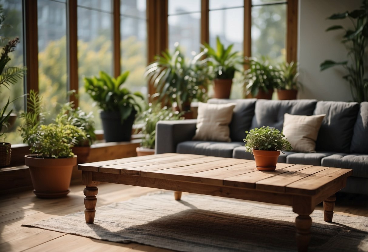 A rustic wooden coffee table sits in a garden room, surrounded by potted plants and natural light streaming in through the windows