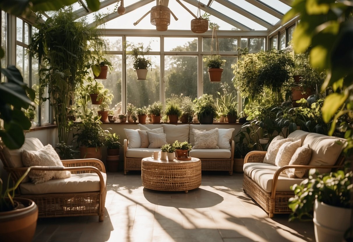 A cozy garden room with a rattan sofa and chairs arranged around a low coffee table. Sunlight streams in through large windows, illuminating potted plants and hanging greenery