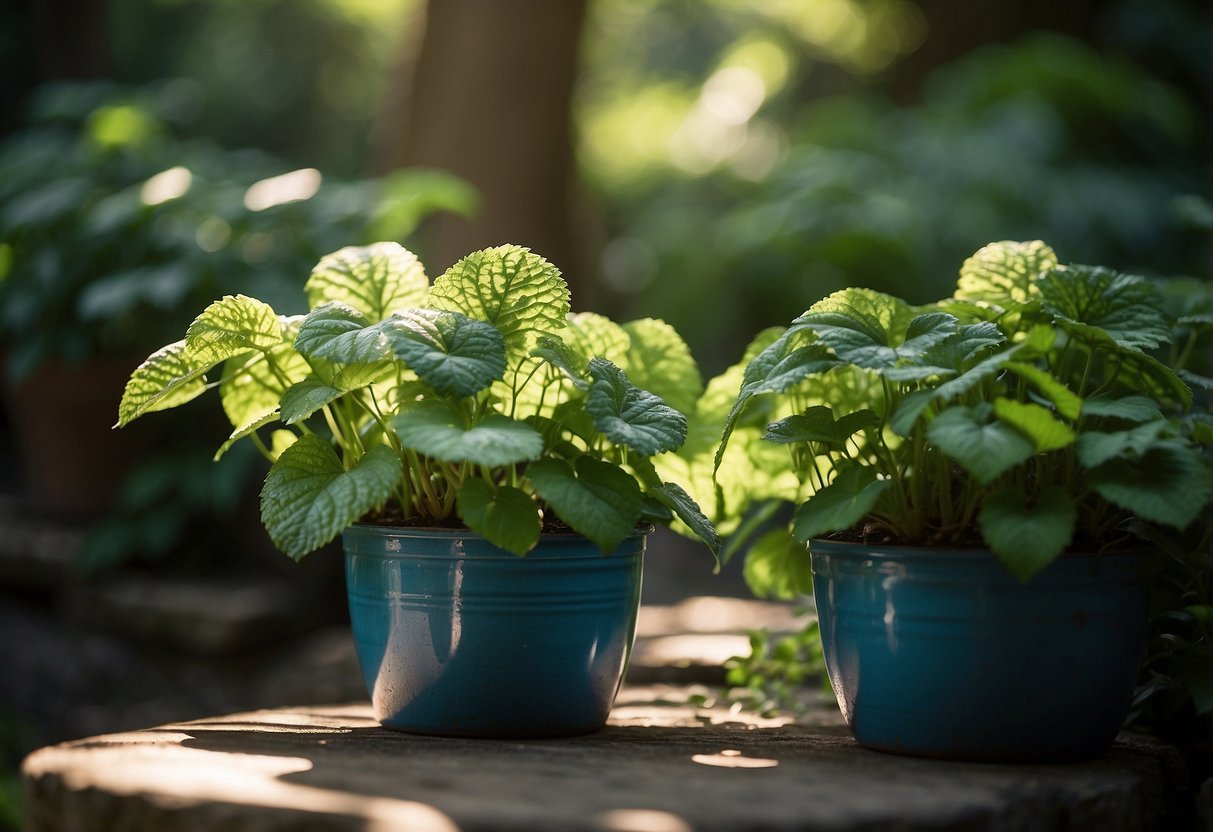 A shady corner with Brunnera plants in decorative containers, surrounded by lush green foliage and dappled sunlight filtering through the leaves