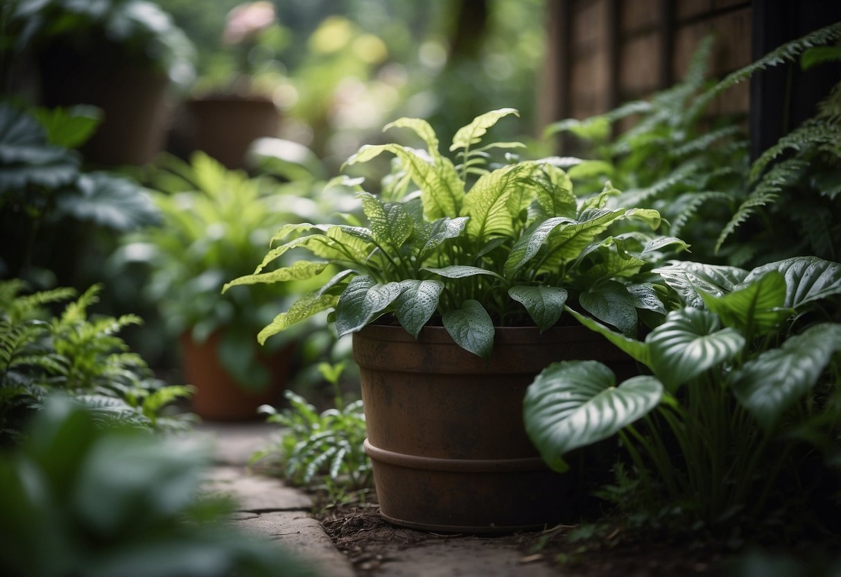 A shady corner with lungwort plants in containers, surrounded by ferns and hostas