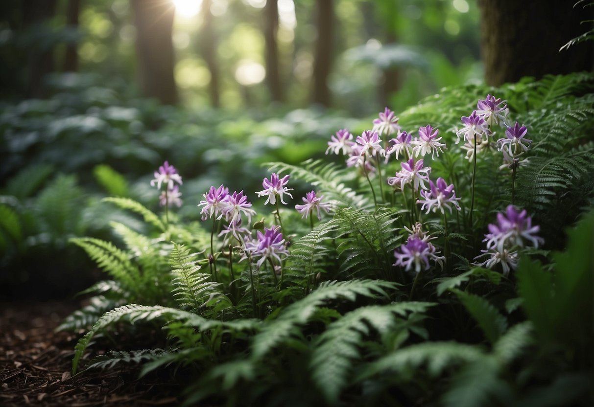 A lush container garden of Toad Lilies in dappled shade, with delicate purple and white blooms, surrounded by ferns and moss