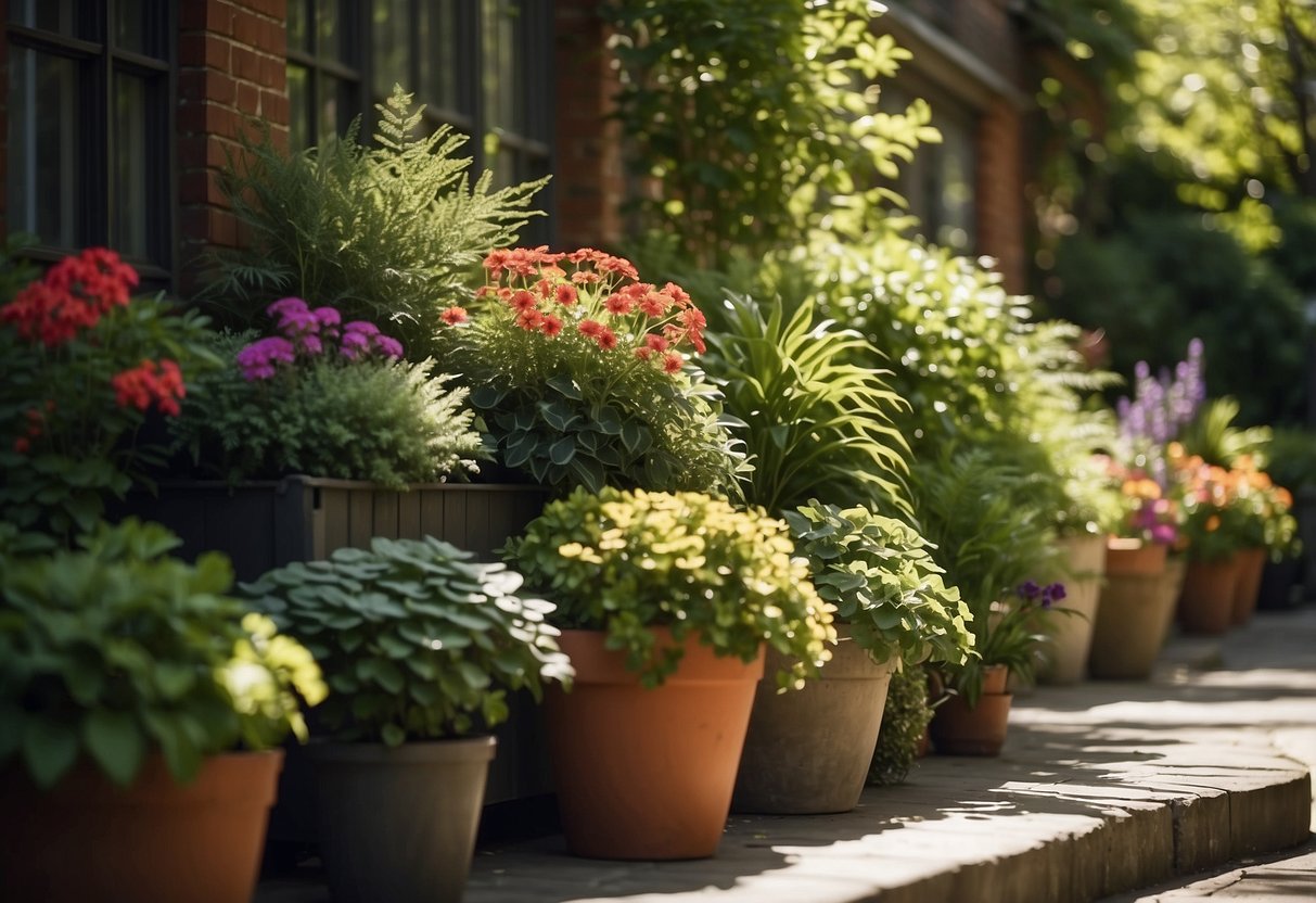 A lush container garden nestled in a shady corner, with a variety of leafy plants and colorful flowers thriving in the dappled sunlight