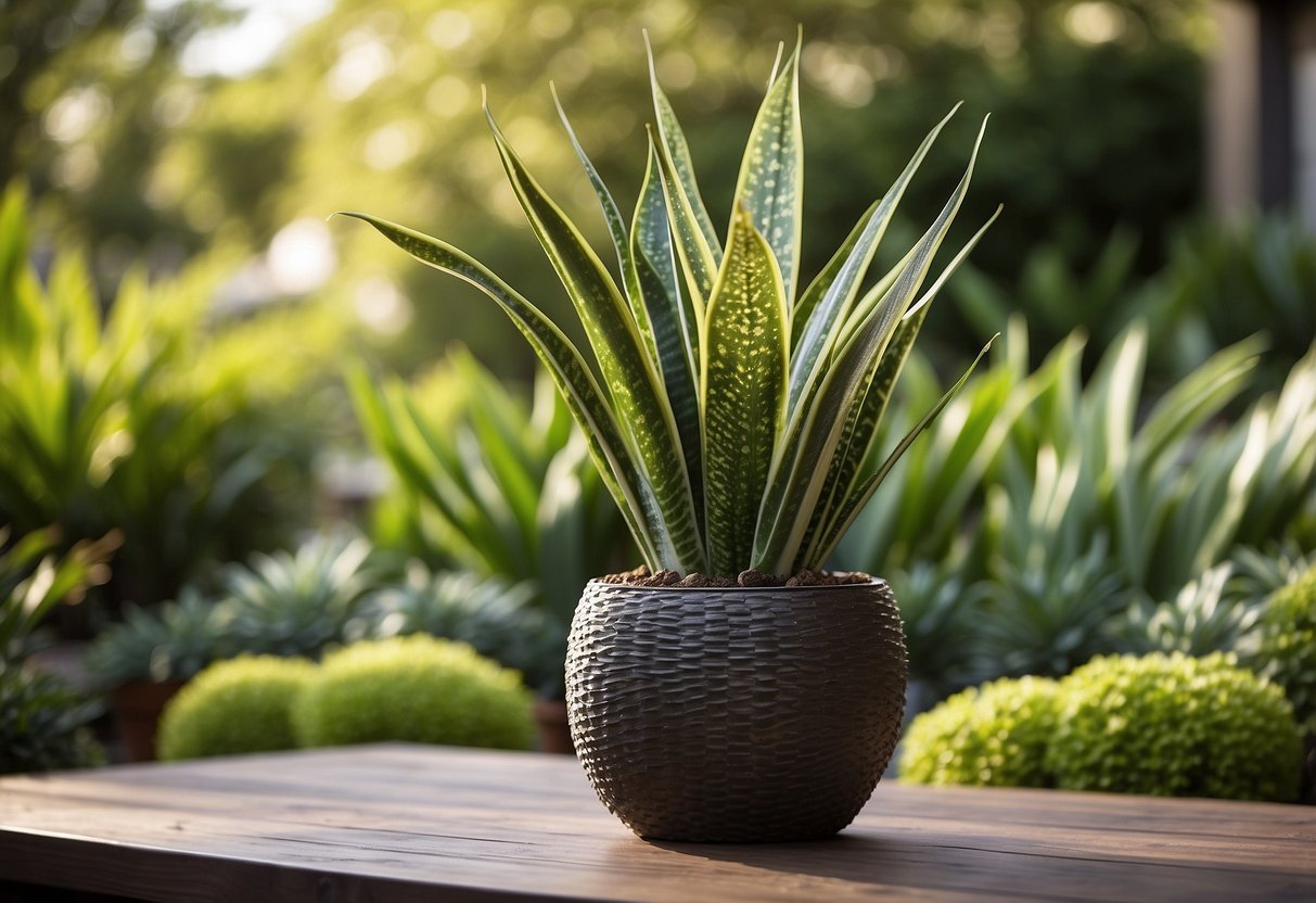 A snake plant centerpiece sits on an outdoor table, surrounded by other garden plants. The tall, spiky leaves create a striking focal point