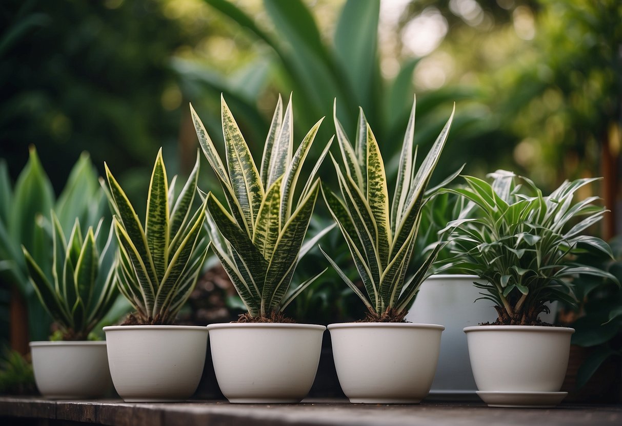 A collection of potted snake plants arranged in a garden setting, with varying heights and lush green foliage