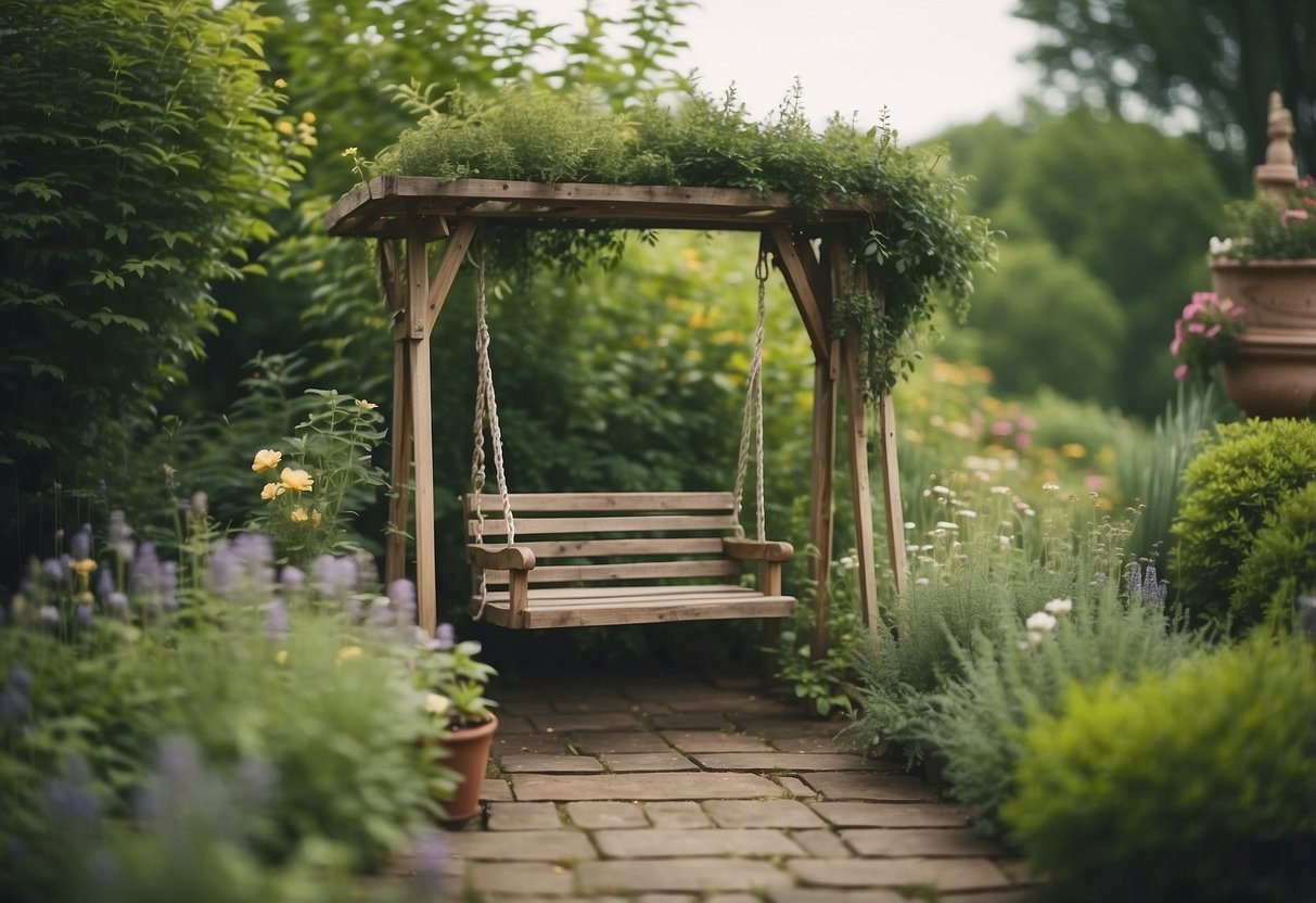 A quaint herb garden with a weathered swing frame nestled among the greenery