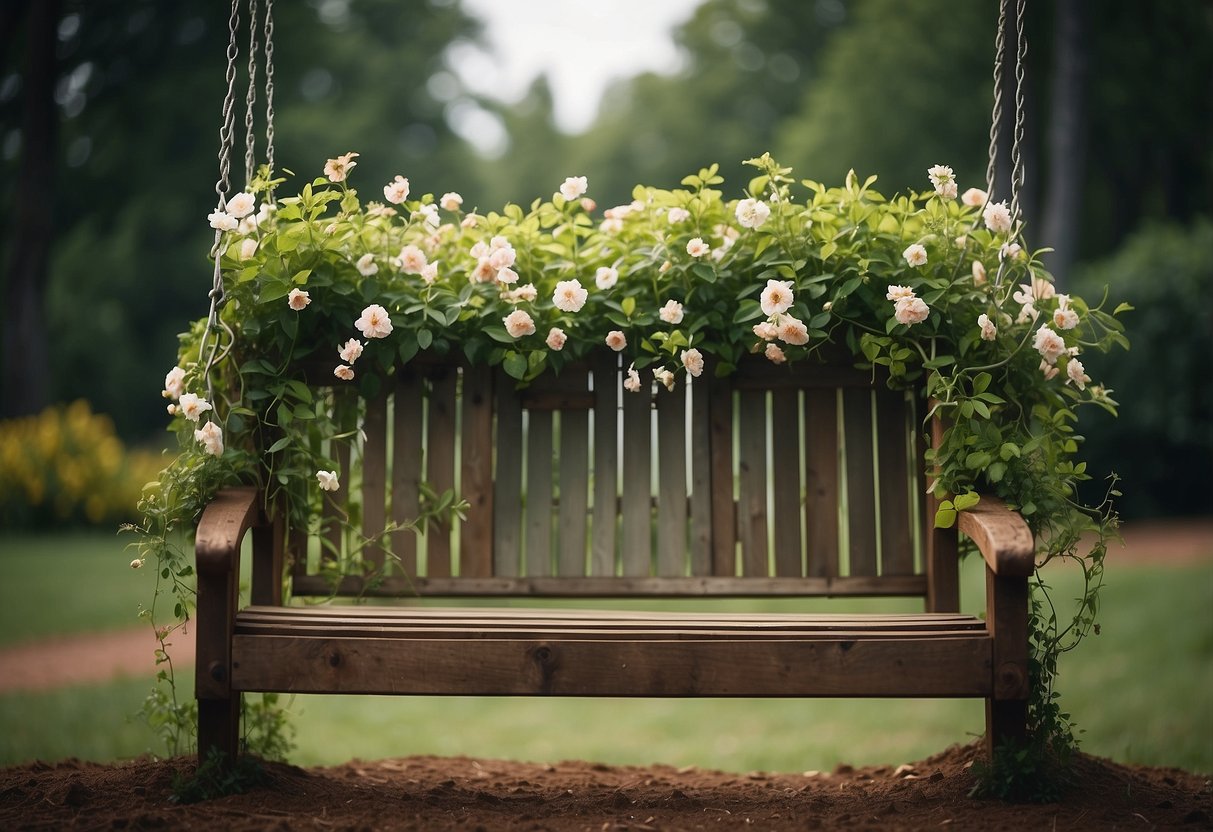 An old swing set repurposed as a vertical planter, adorned with cascading flowers and lush greenery