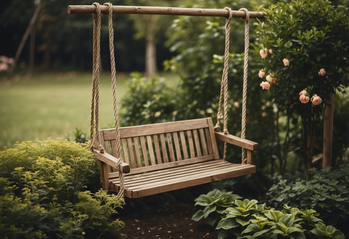 A weathered swing set transformed into hanging planter shelves in a lush garden setting