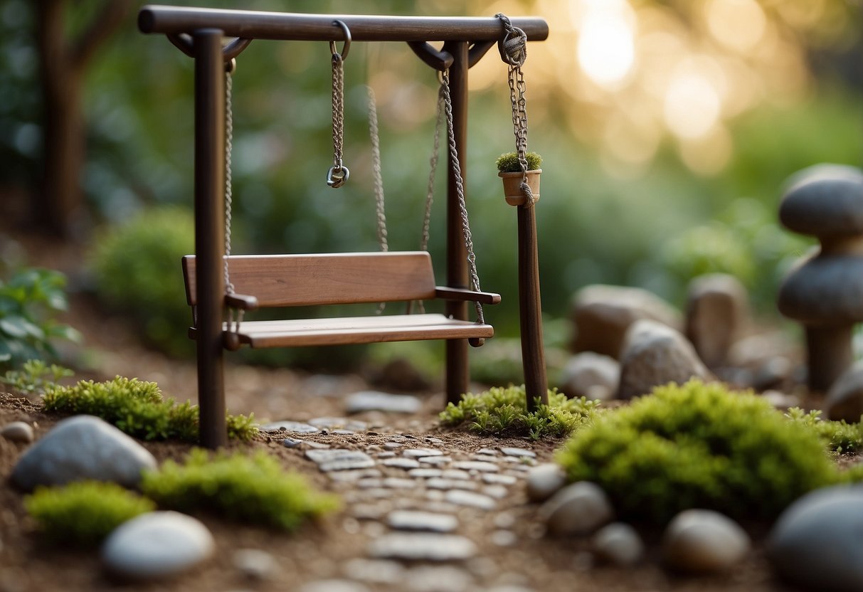 A serene miniature Zen garden surrounds an old swing set, offering a blend of tranquility and nostalgia for garden ideas