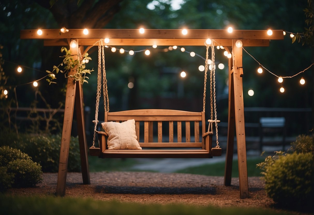 An old swing set adorned with string light fixtures in a whimsical garden setting