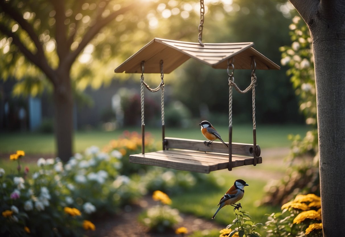 A birdhouse and feeder are installed on an old swing set in a garden. Surrounding the area are various plants and flowers, creating a peaceful and natural setting