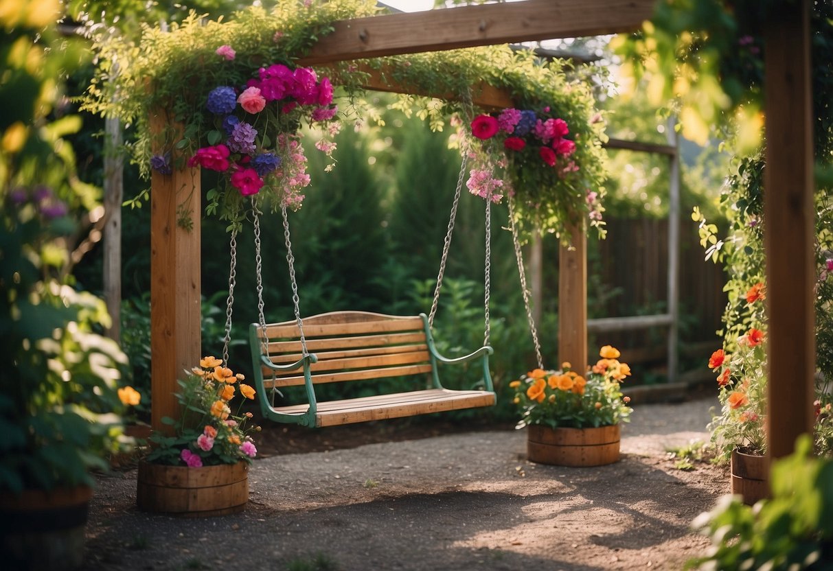 An old swing set transformed into a vibrant garden oasis, with colorful flowers and lush greenery growing around the repurposed structure