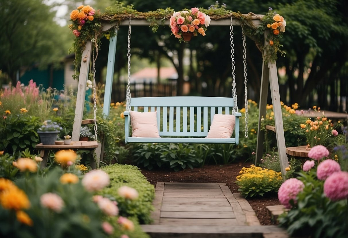 An old swing set transformed into a whimsical garden oasis with vibrant flowers, winding vines, and cozy seating areas