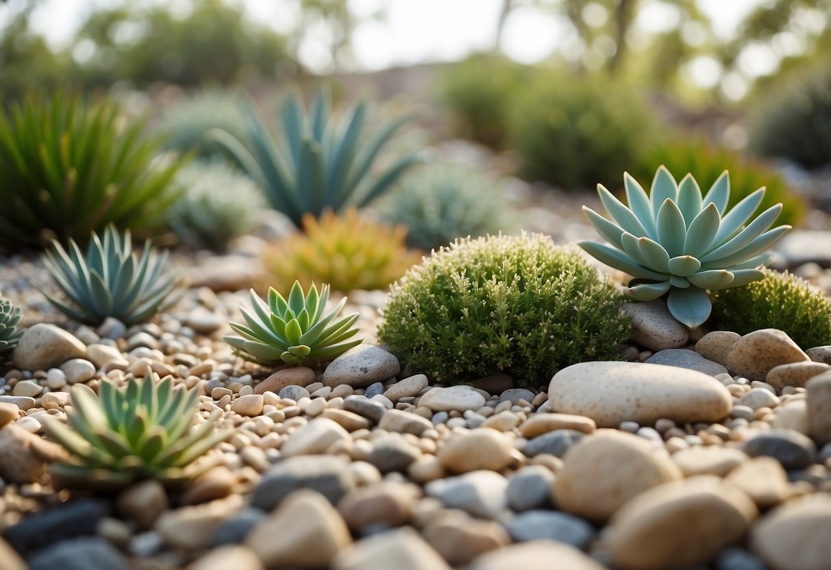 A rock garden with native Texas plants and succulents, arranged in a natural and organic manner, surrounded by gravel pathways and low-maintenance landscaping