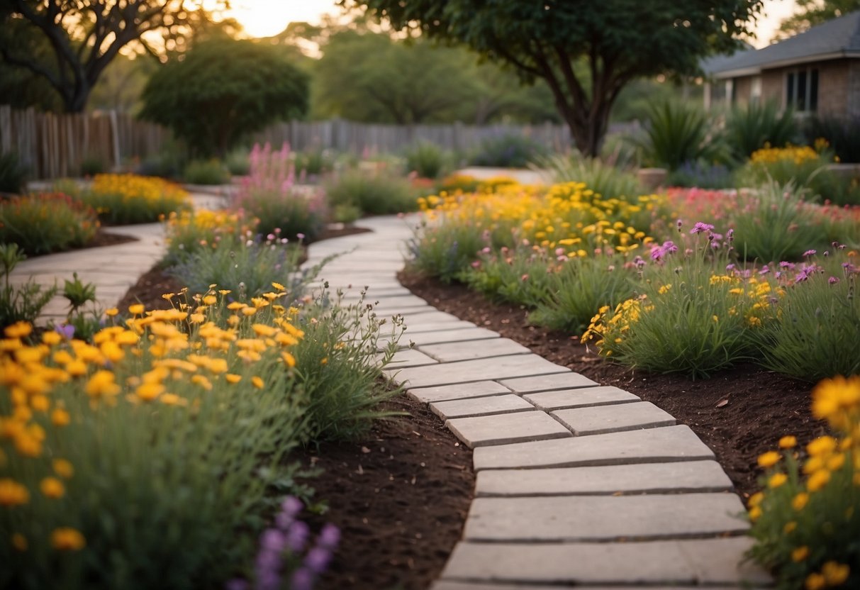 A winding mulched pathway lined with vibrant Texas wildflowers and native plants, leading through a front garden