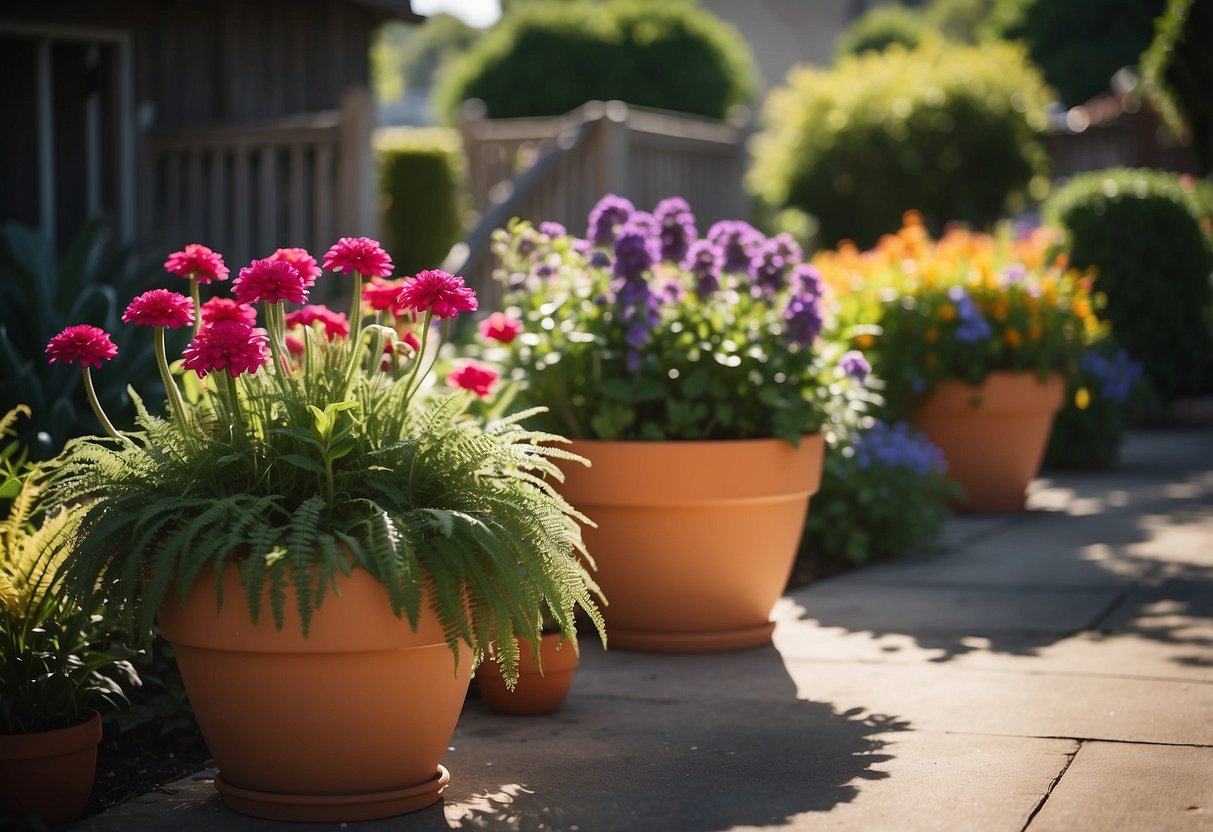 Lush greenery and colorful flowers fill the front garden, nestled in various containers. Texas-inspired plants thrive in the sunny space, creating a vibrant and inviting display