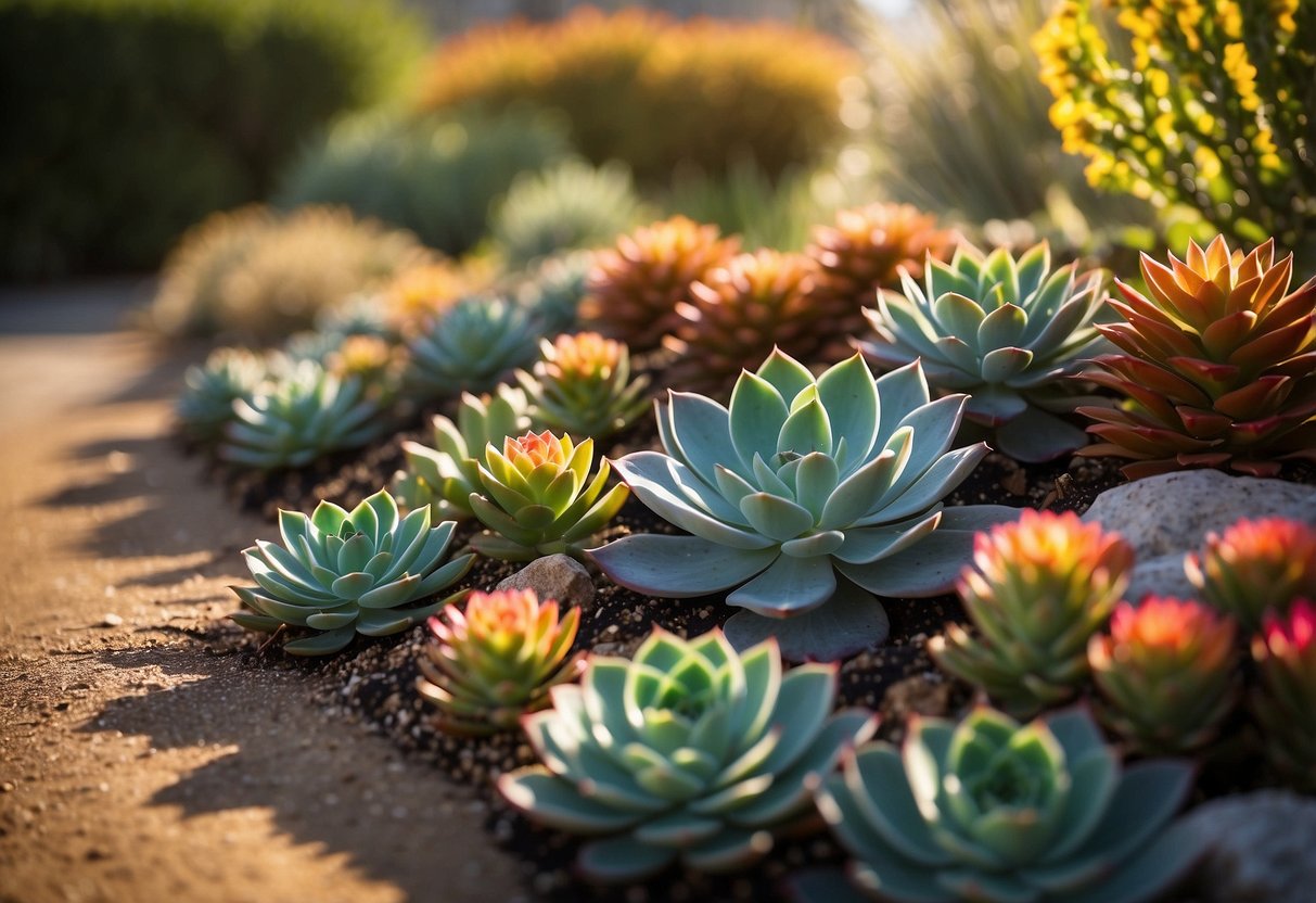 A vibrant border of succulents lines the front garden, showcasing a variety of shapes and colors. The Texas sun casts a warm glow over the scene, creating a picturesque display of drought-tolerant plants