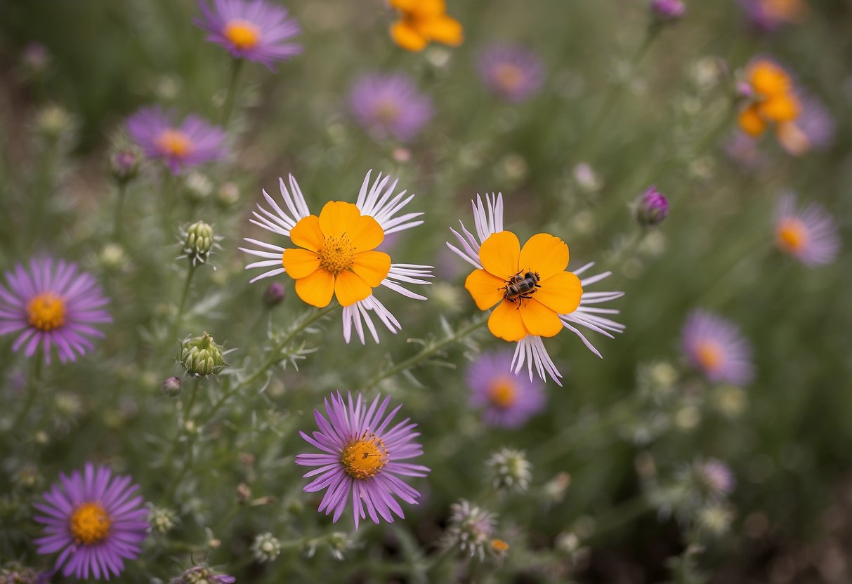 A vibrant mix of native wildflowers blooms in a central Texas garden, attracting bees and butterflies. The colors and textures create a natural and inviting landscape