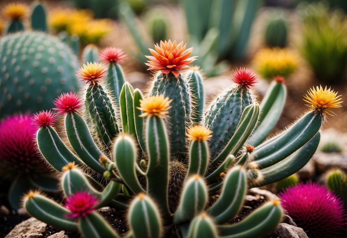 A vibrant garden of cacti and succulents in central Texas, with a variety of shapes, sizes, and colors arranged in a natural and harmonious display