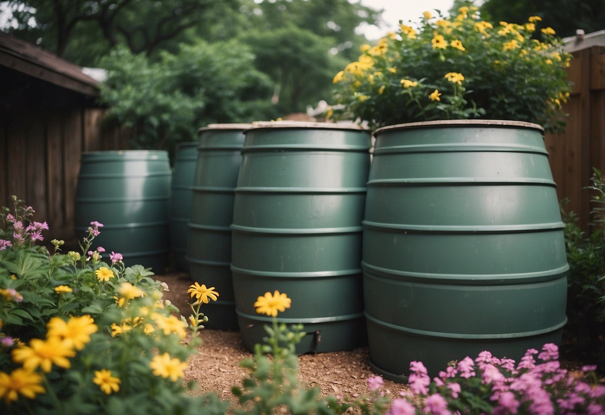 A rainwater harvesting system collects water from rooftops, funnelling it into large barrels. The barrels are nestled among lush greenery and colorful flowers in a North Texas garden