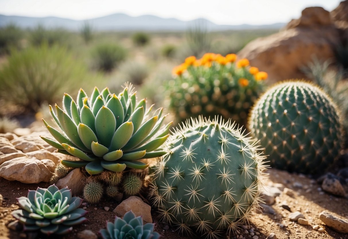 A desert garden in North Texas, filled with vibrant cacti and succulents, basking in the sunlight with a backdrop of dry, rocky terrain