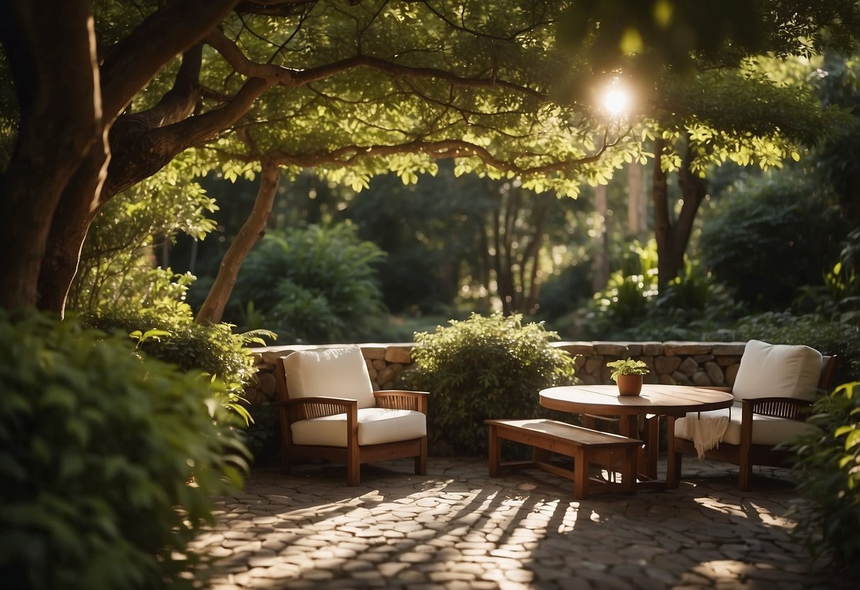 A cozy sitting area nestled under a leafy canopy, with dappled sunlight filtering through the trees onto comfortable chairs and a small table